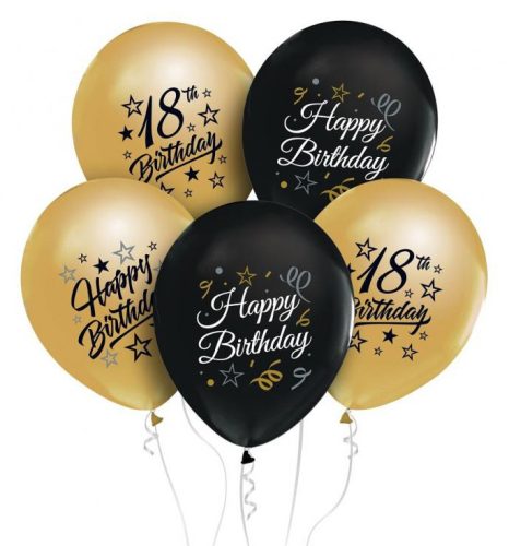 Színes Happy Birthday 18 Gold-Black léggömb, lufi 5 db-os 12 inch (30 cm)